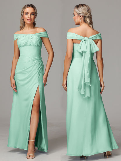 Sleeveless Off The Shoulder Chiffon Bridesmaid Dress With Slit
