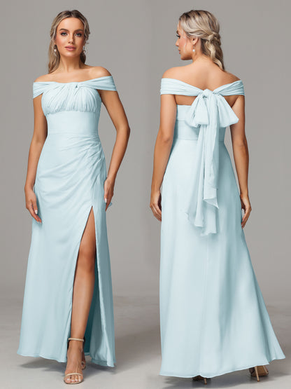 Sleeveless Off The Shoulder Chiffon Bridesmaid Dress With Slit