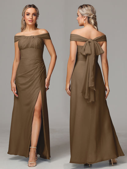 Sleeveless Off The Shoulder Chiffon Bridesmaid Dress With Slit