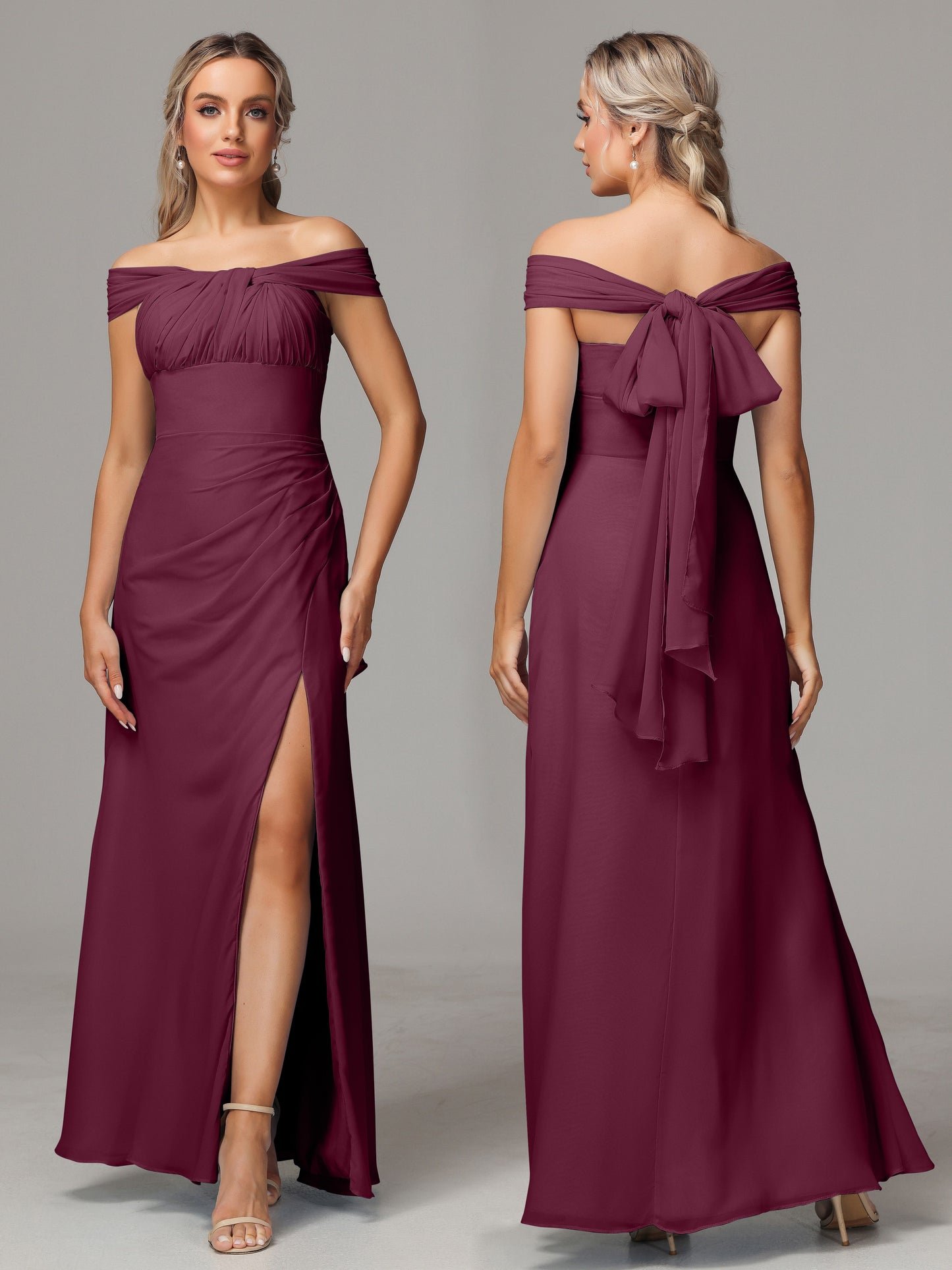 Sleeveless Off The Shoulder Chiffon Bridesmaid Dress With Slit