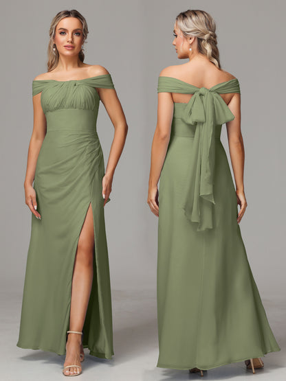 Sleeveless Off The Shoulder Chiffon Bridesmaid Dress With Slit