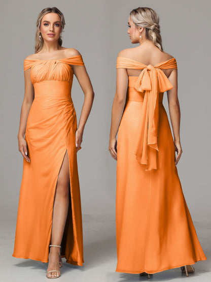 Sleeveless Off The Shoulder Chiffon Bridesmaid Dress With Slit