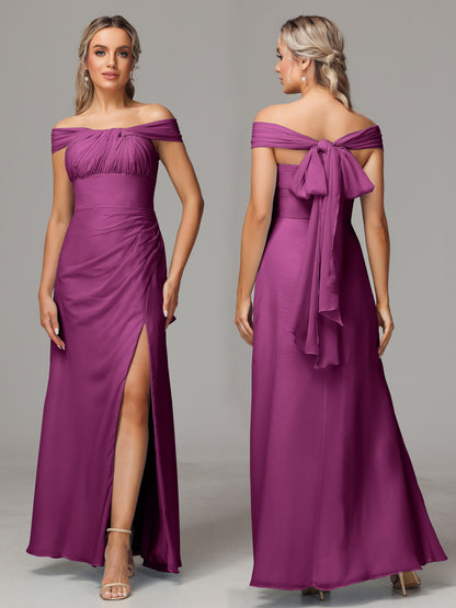 Sleeveless Off The Shoulder Chiffon Bridesmaid Dress With Slit