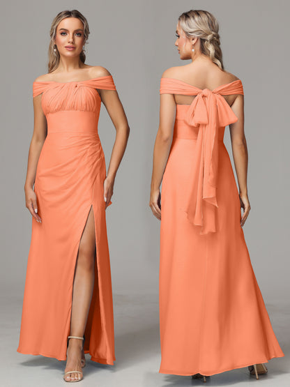 Sleeveless Off The Shoulder Chiffon Bridesmaid Dress With Slit