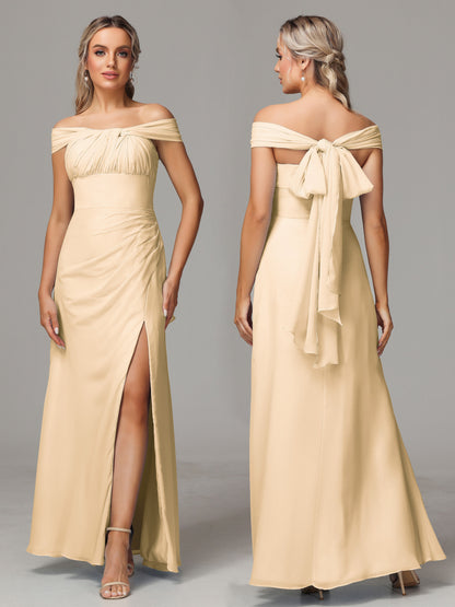 Sleeveless Off The Shoulder Chiffon Bridesmaid Dress With Slit