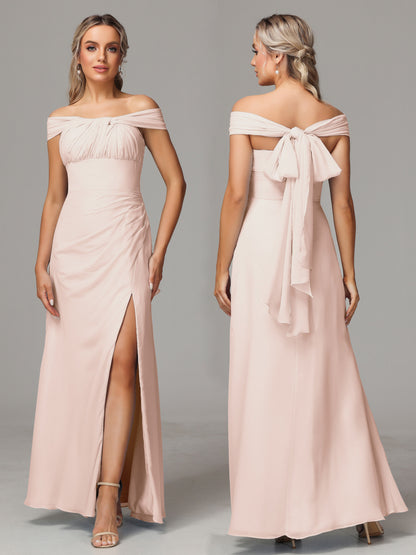 Sleeveless Off The Shoulder Chiffon Bridesmaid Dress With Slit