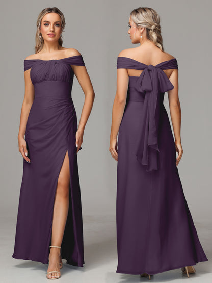 Sleeveless Off The Shoulder Chiffon Bridesmaid Dress With Slit