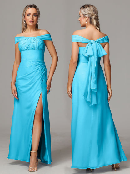 Sleeveless Off The Shoulder Chiffon Bridesmaid Dress With Slit