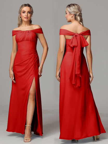 Sleeveless Off The Shoulder Chiffon Bridesmaid Dress With Slit