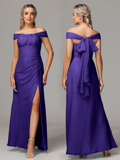 Sleeveless Off The Shoulder Chiffon Bridesmaid Dress With Slit