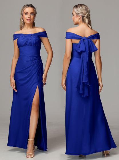 Sleeveless Off The Shoulder Chiffon Bridesmaid Dress With Slit
