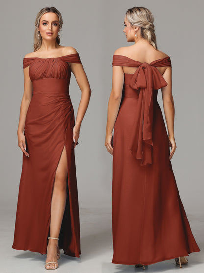 Sleeveless Off The Shoulder Chiffon Bridesmaid Dress With Slit