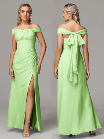 Sleeveless Off The Shoulder Chiffon Bridesmaid Dress With Slit