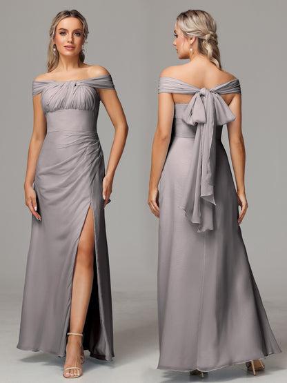 Sleeveless Off The Shoulder Chiffon Bridesmaid Dress With Slit
