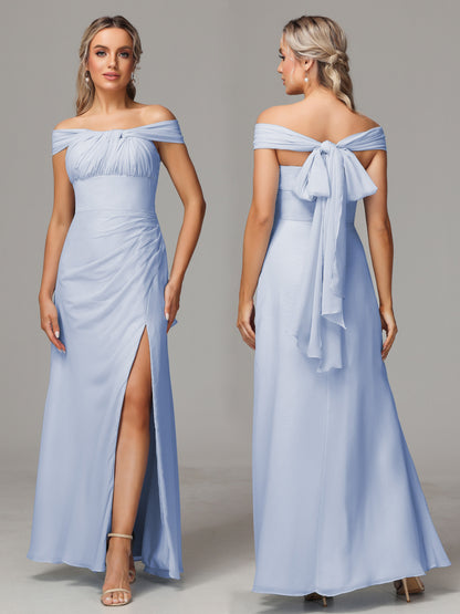 Sleeveless Off The Shoulder Chiffon Bridesmaid Dress With Slit