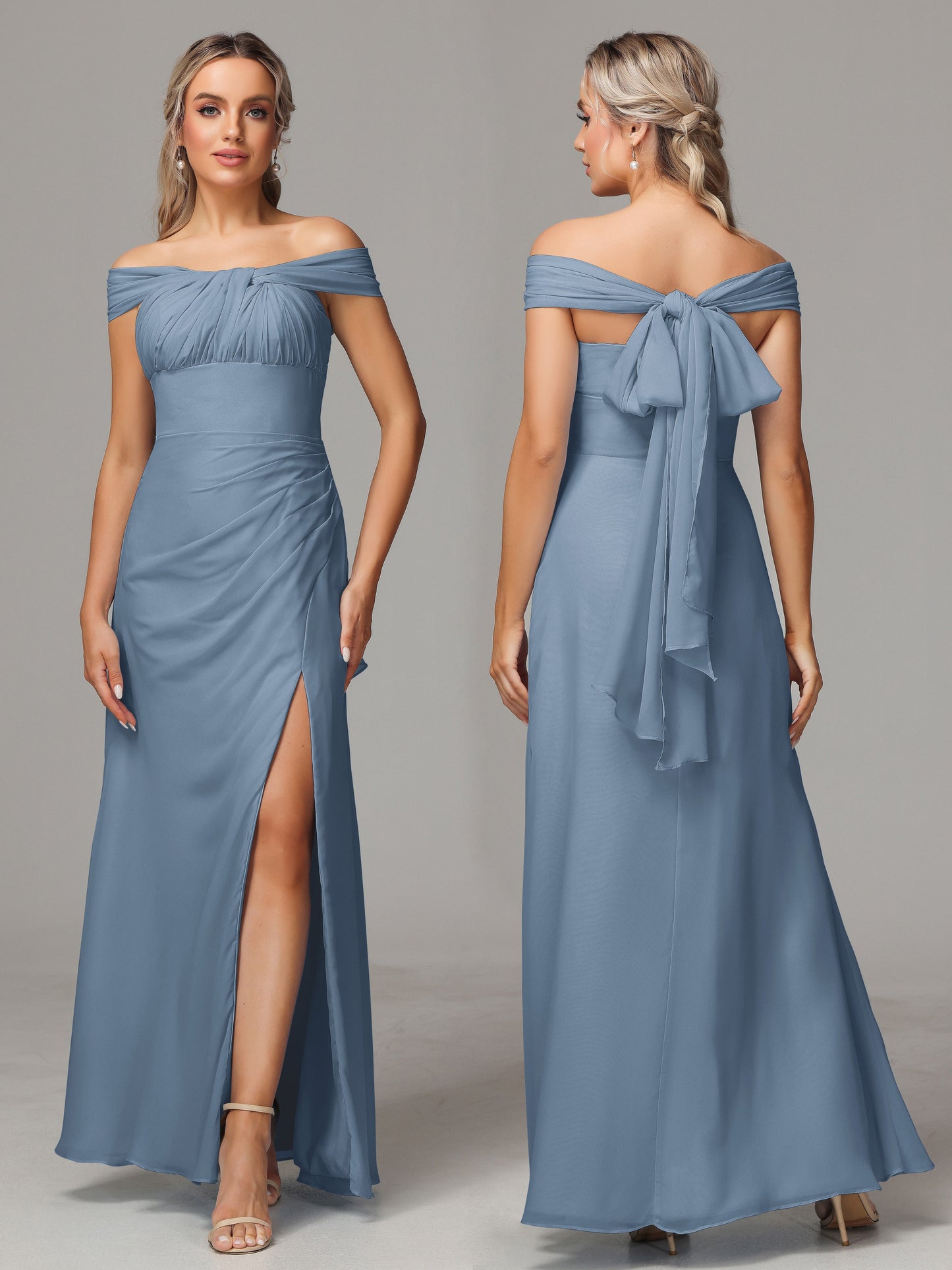 Sleeveless Off The Shoulder Chiffon Bridesmaid Dress With Slit