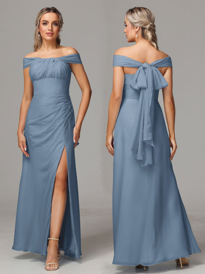 Sleeveless Off The Shoulder Chiffon Bridesmaid Dress With Slit