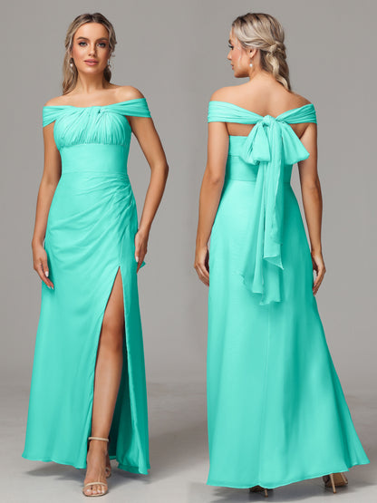 Sleeveless Off The Shoulder Chiffon Bridesmaid Dress With Slit