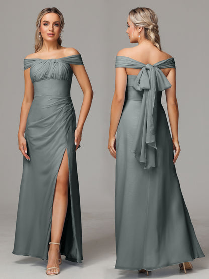 Sleeveless Off The Shoulder Chiffon Bridesmaid Dress With Slit