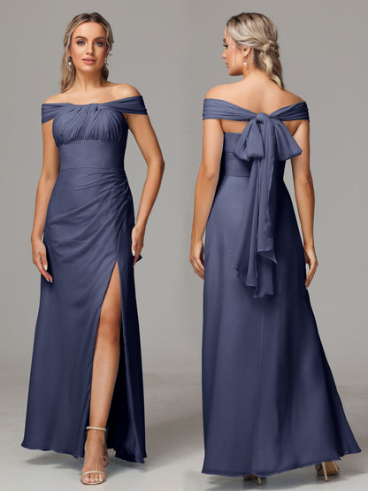 Sleeveless Off The Shoulder Chiffon Bridesmaid Dress With Slit