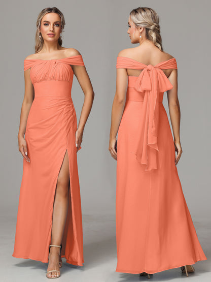 Sleeveless Off The Shoulder Chiffon Bridesmaid Dress With Slit