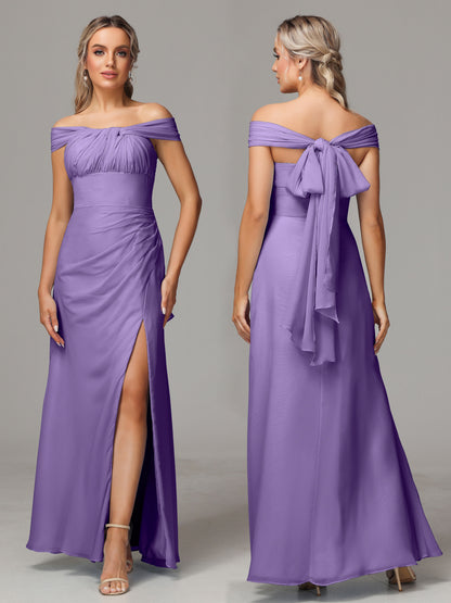 Sleeveless Off The Shoulder Chiffon Bridesmaid Dress With Slit