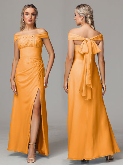 Sleeveless Off The Shoulder Chiffon Bridesmaid Dress With Slit