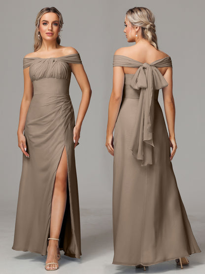 Sleeveless Off The Shoulder Chiffon Bridesmaid Dress With Slit