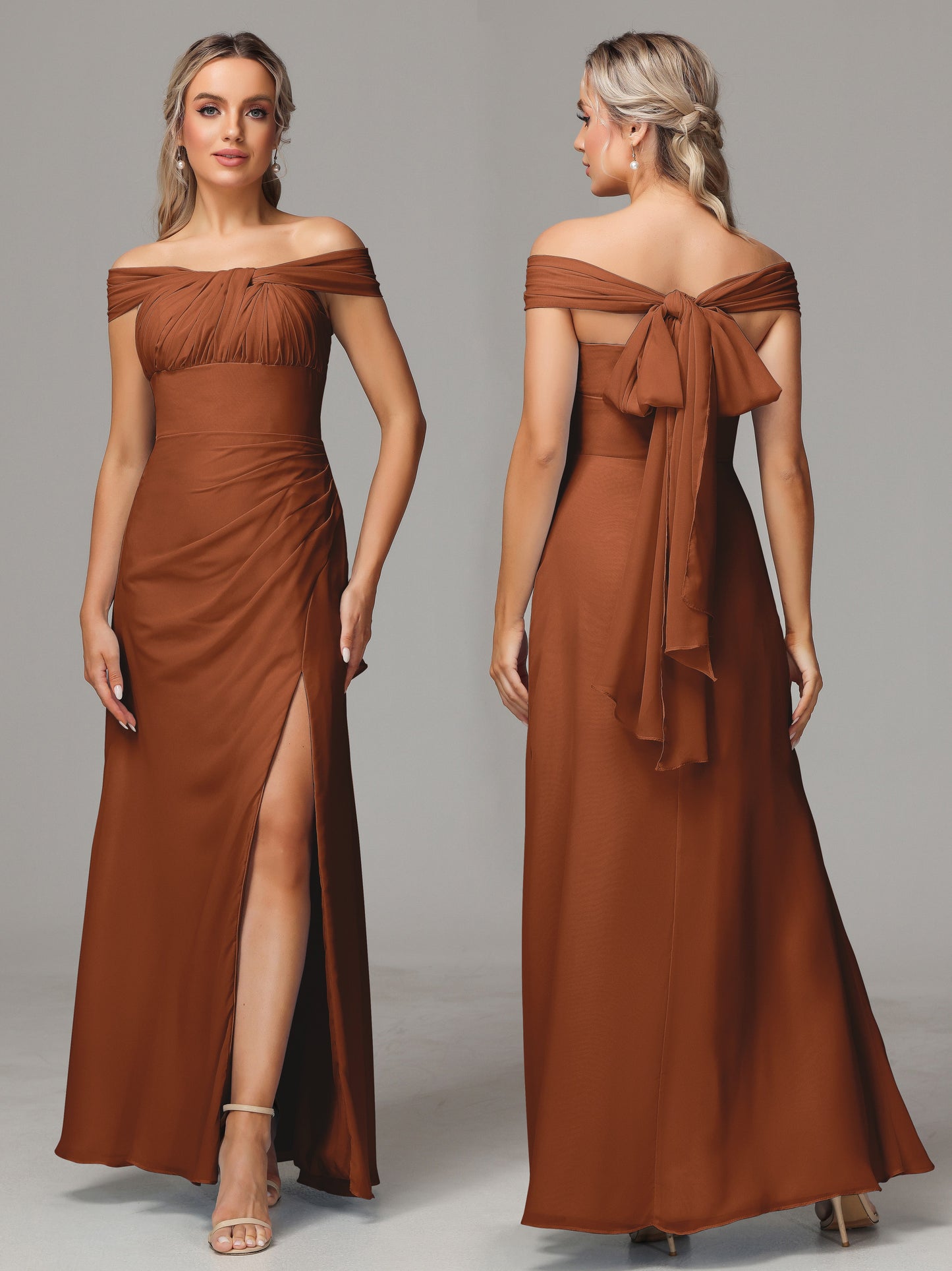 Sleeveless Off The Shoulder Chiffon Bridesmaid Dress With Slit