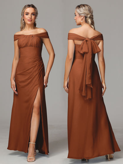 Sleeveless Off The Shoulder Chiffon Bridesmaid Dress With Slit