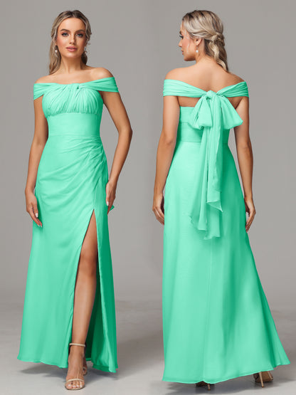 Sleeveless Off The Shoulder Chiffon Bridesmaid Dress With Slit