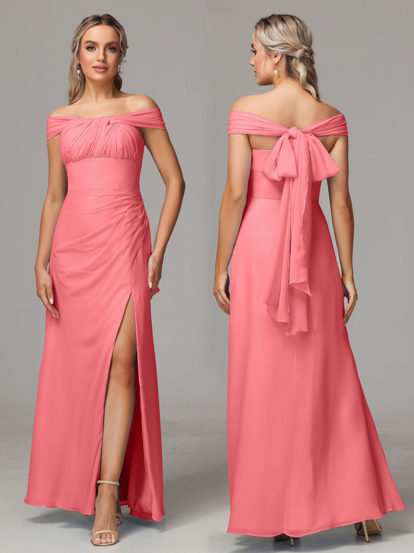Sleeveless Off The Shoulder Chiffon Bridesmaid Dress With Slit