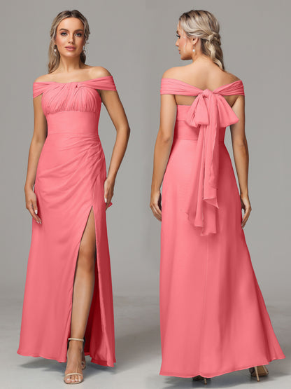 Sleeveless Off The Shoulder Chiffon Bridesmaid Dress With Slit