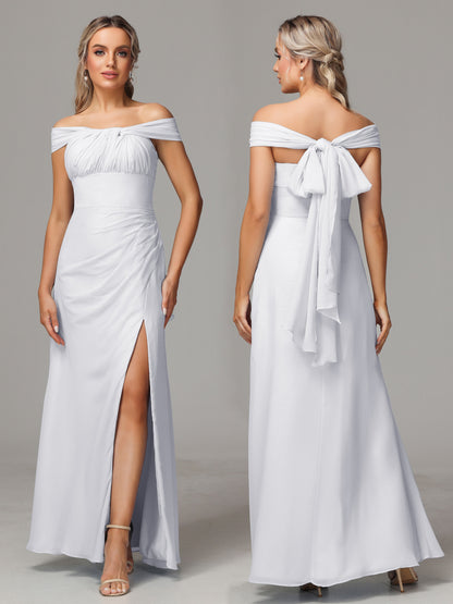 Sleeveless Off The Shoulder Chiffon Bridesmaid Dress With Slit