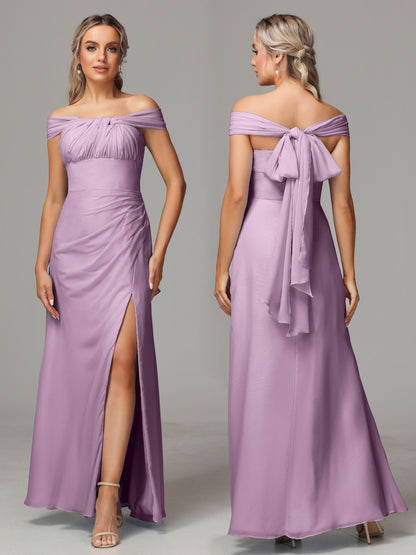 Sleeveless Off The Shoulder Chiffon Bridesmaid Dress With Slit