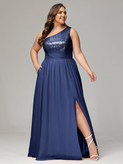 One-Shoulder Sequins Plus Size Bridesmaid Dress