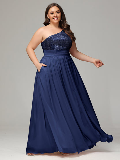 One-Shoulder Sequins Plus Size Bridesmaid Dress