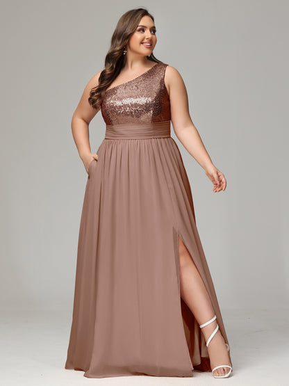 One-Shoulder Sequins Plus Size Bridesmaid Dress