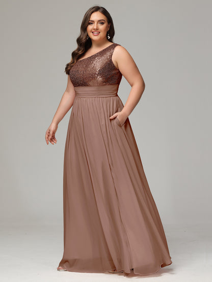 One-Shoulder Sequins Plus Size Bridesmaid Dress