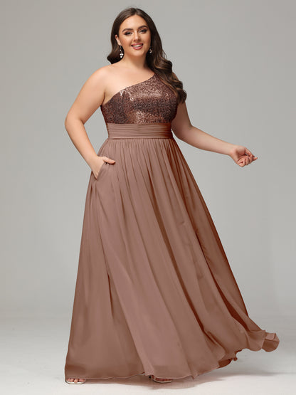 One-Shoulder Sequins Plus Size Bridesmaid Dress