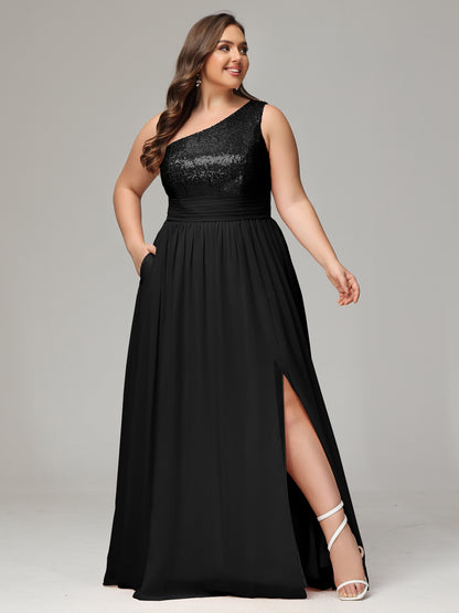 One-Shoulder Sequins Plus Size Bridesmaid Dress