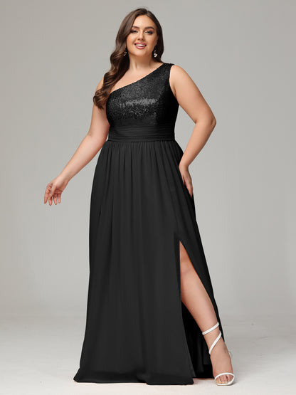 One-Shoulder Sequins Plus Size Bridesmaid Dress