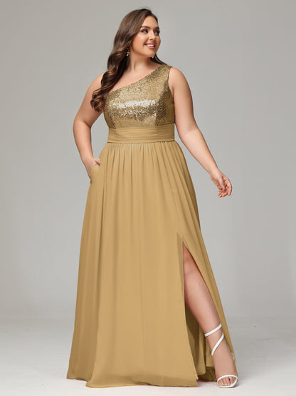 One-Shoulder Sequins Plus Size Bridesmaid Dress