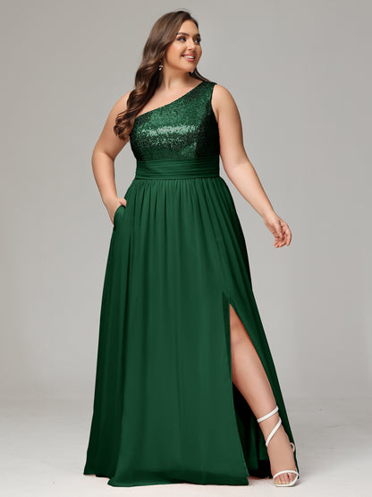 One-Shoulder Sequins Plus Size Bridesmaid Dress