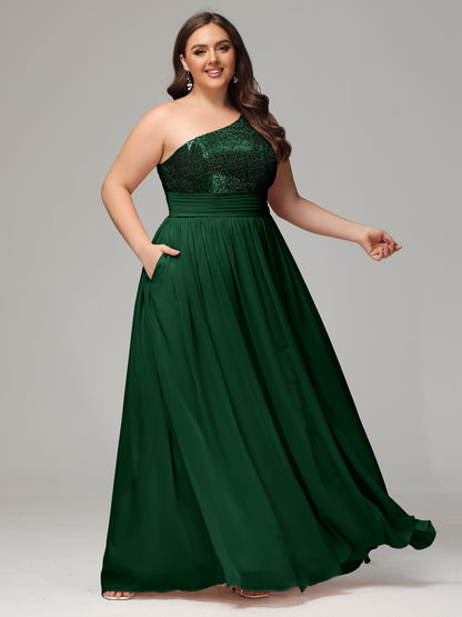 One-Shoulder Sequins Plus Size Bridesmaid Dress