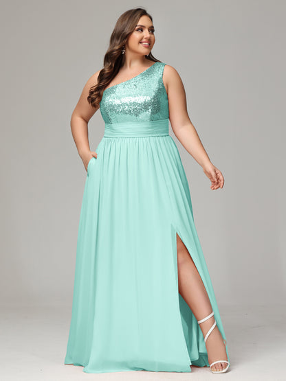 One-Shoulder Sequins Plus Size Bridesmaid Dress