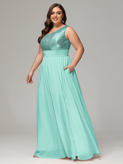 One-Shoulder Sequins Plus Size Bridesmaid Dress