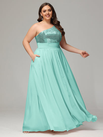 One-Shoulder Sequins Plus Size Bridesmaid Dress