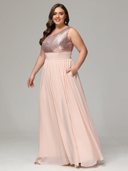 One-Shoulder Sequins Plus Size Bridesmaid Dress