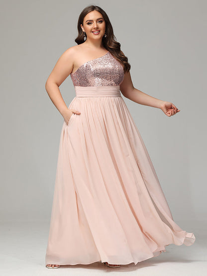 One-Shoulder Sequins Plus Size Bridesmaid Dress